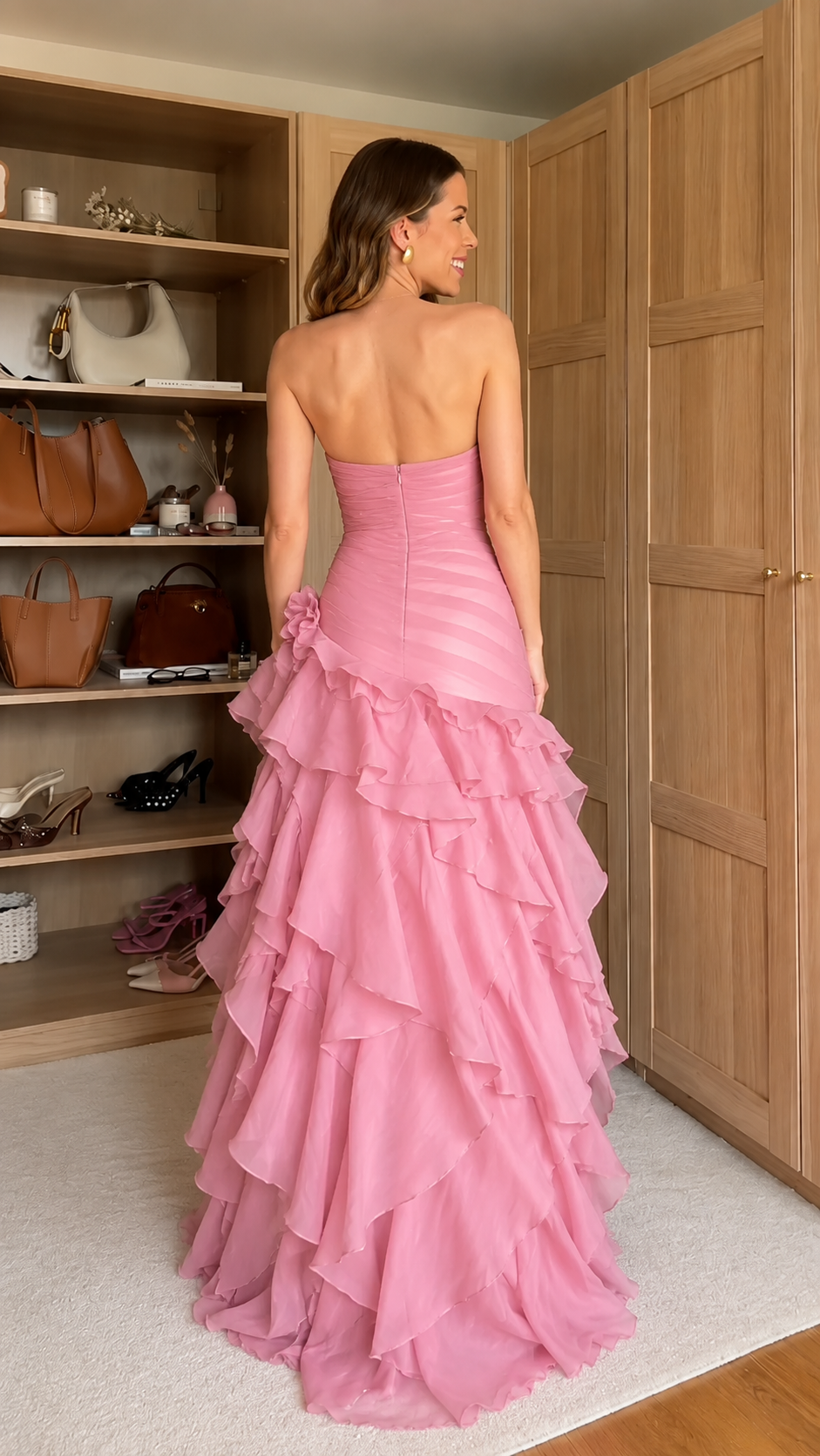 Back view of dusty rose strapless tiered maxi gown