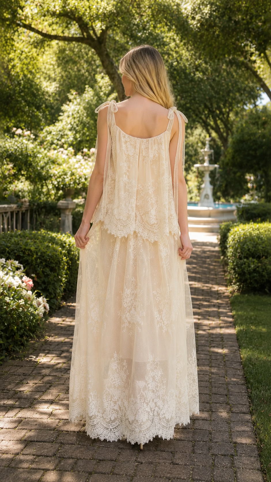 Back view of champagne square neck lace overlay maxi dress with full-length hem
