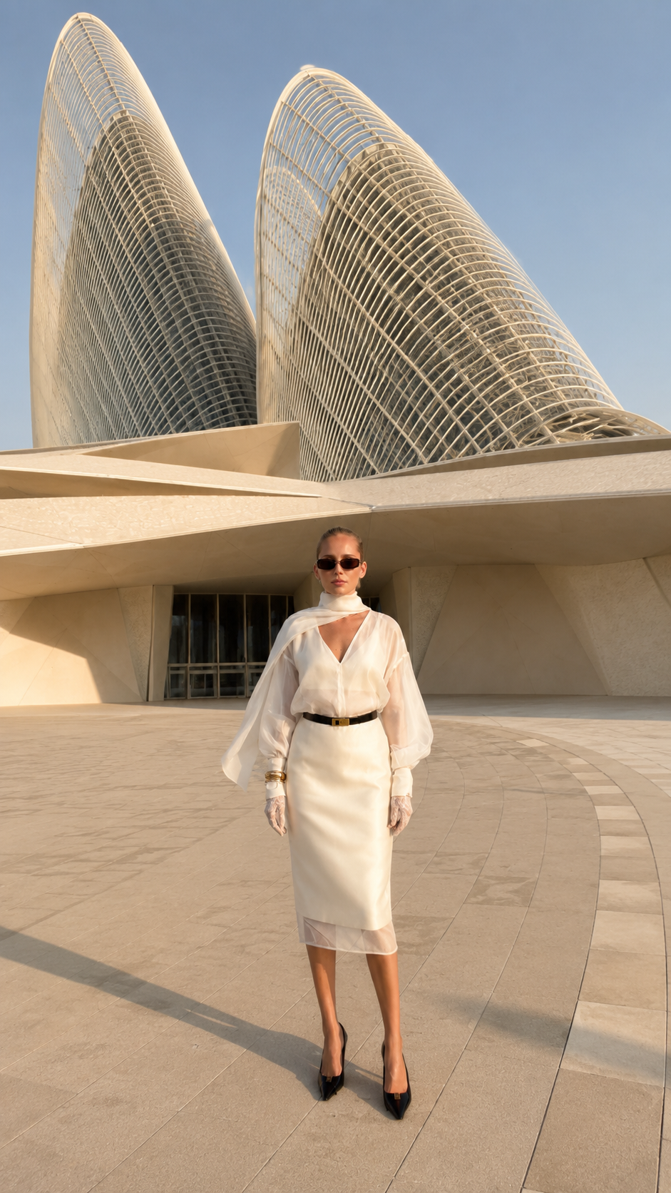 Model wearing white sheer sleeve scarf neck belted midi dress full length view