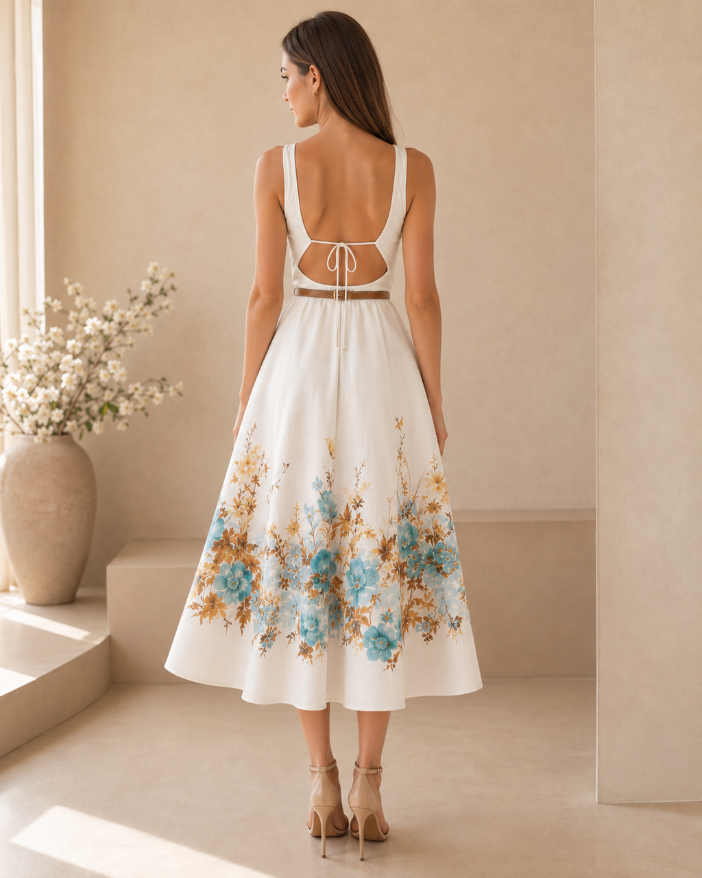 Back view of a white floral midi dress with open back and tie detail