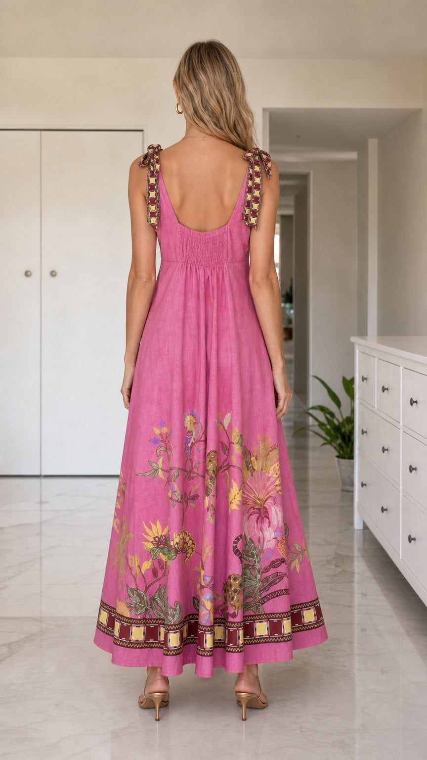 Back view of pink floral maxi dress showing smocked detail