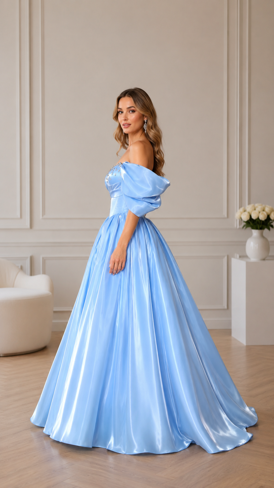Side view of sky blue sweetheart neckline floor-length ball gown