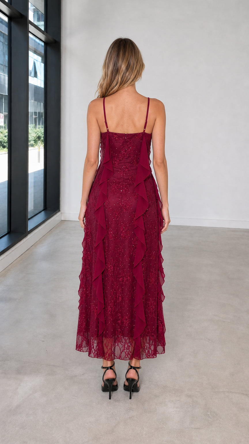 Back view of burgundy lace maxi dress with delicate straps