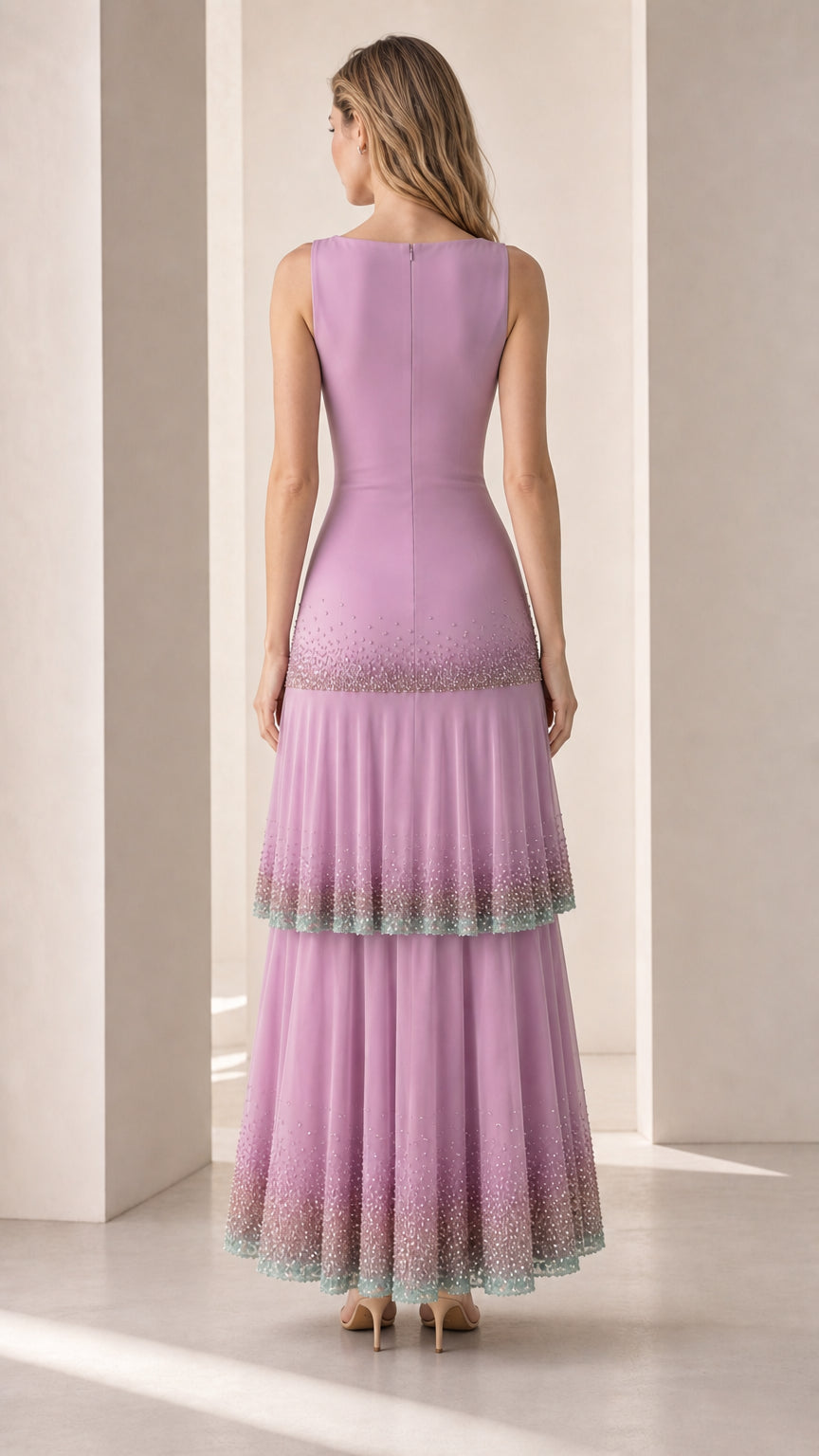 Back view of model in lavender sleeveless tiered evening dress