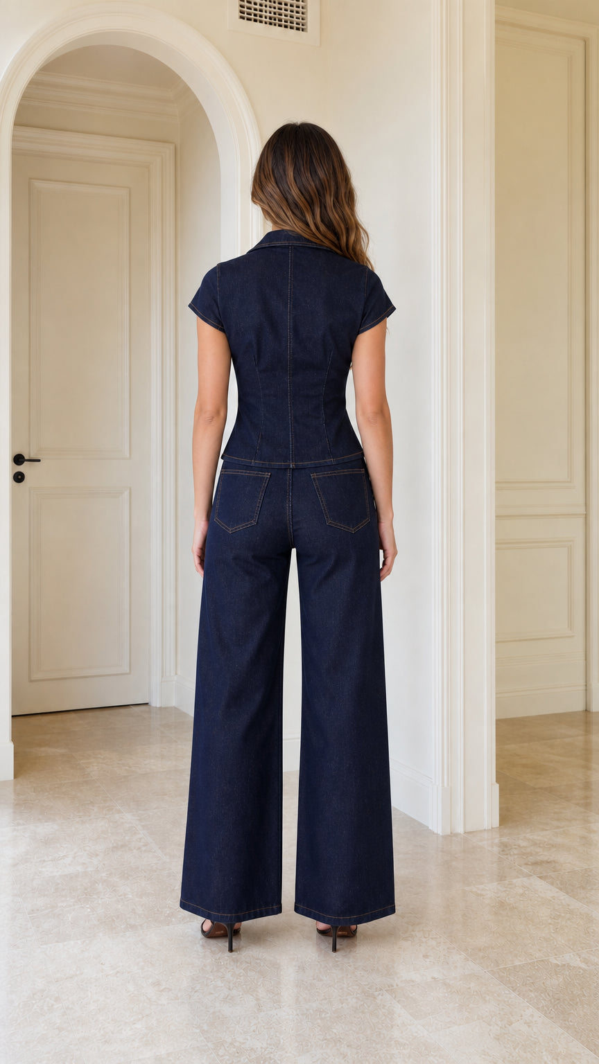 Model wearing navy blue matching set, back view