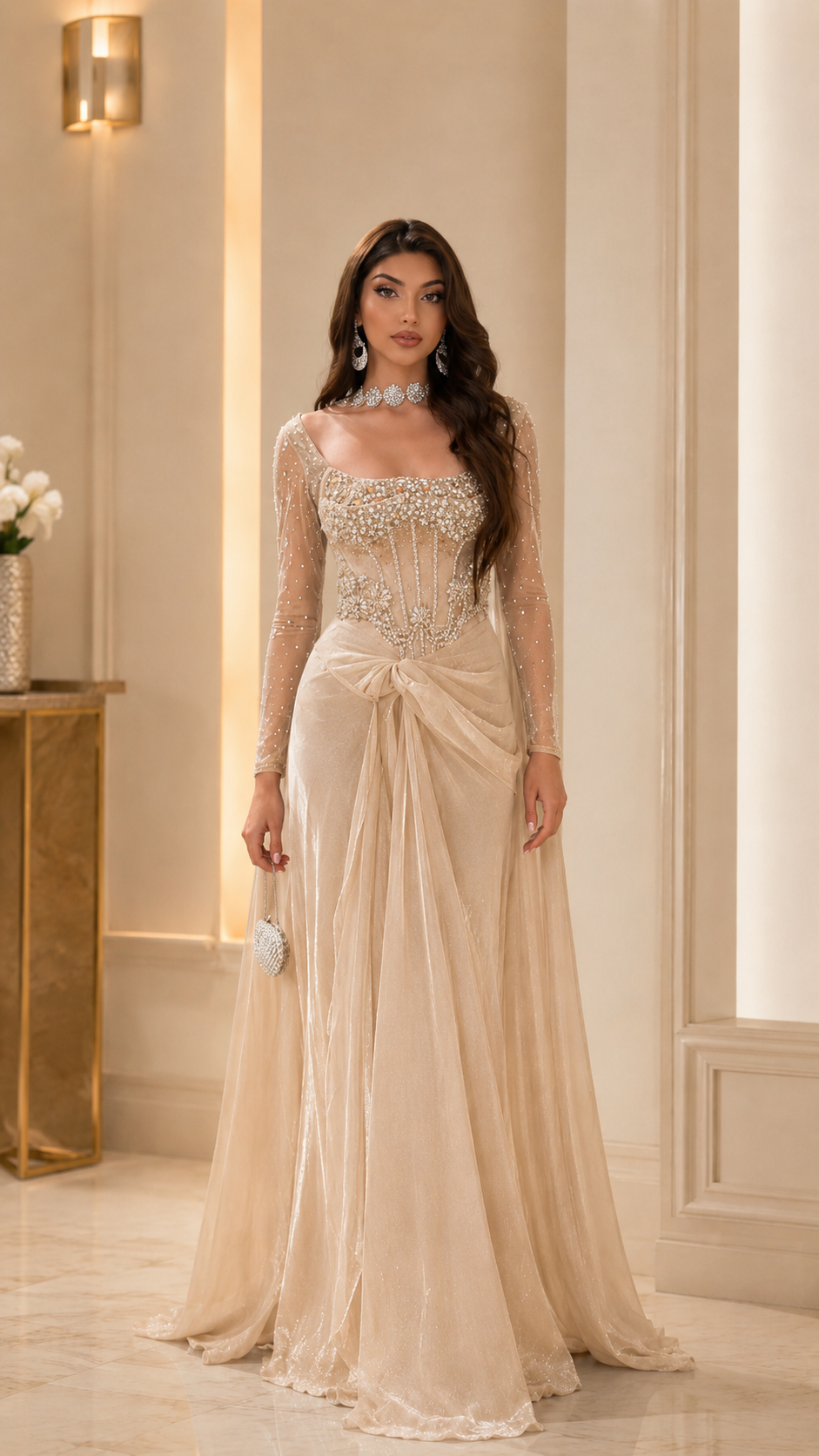 Champagne embellished square neck long sleeve evening gown with sheer sleeves and floor-length skirt