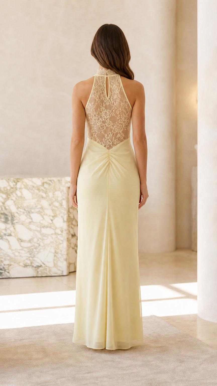 Back view showcasing lace panel on yellow dress