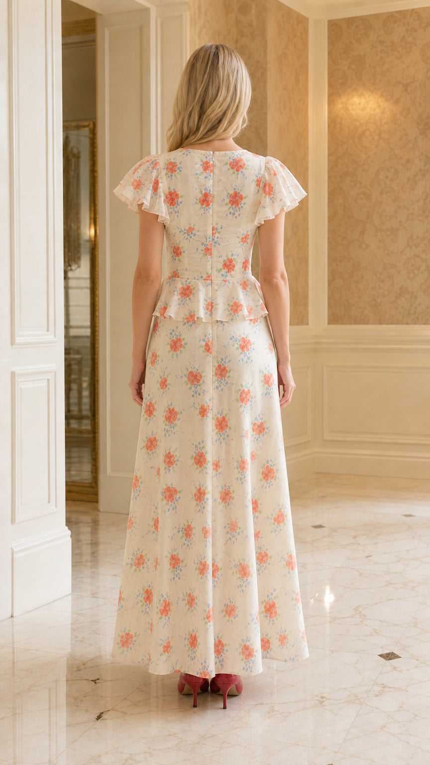 Back view of cream floral print maxi dress