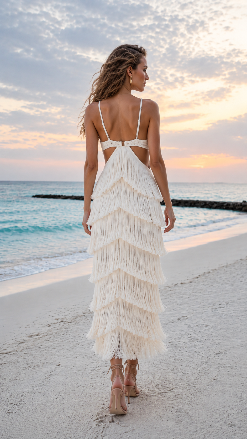 Back view of ivory tiered fringe maxi dress with slim straps and open back