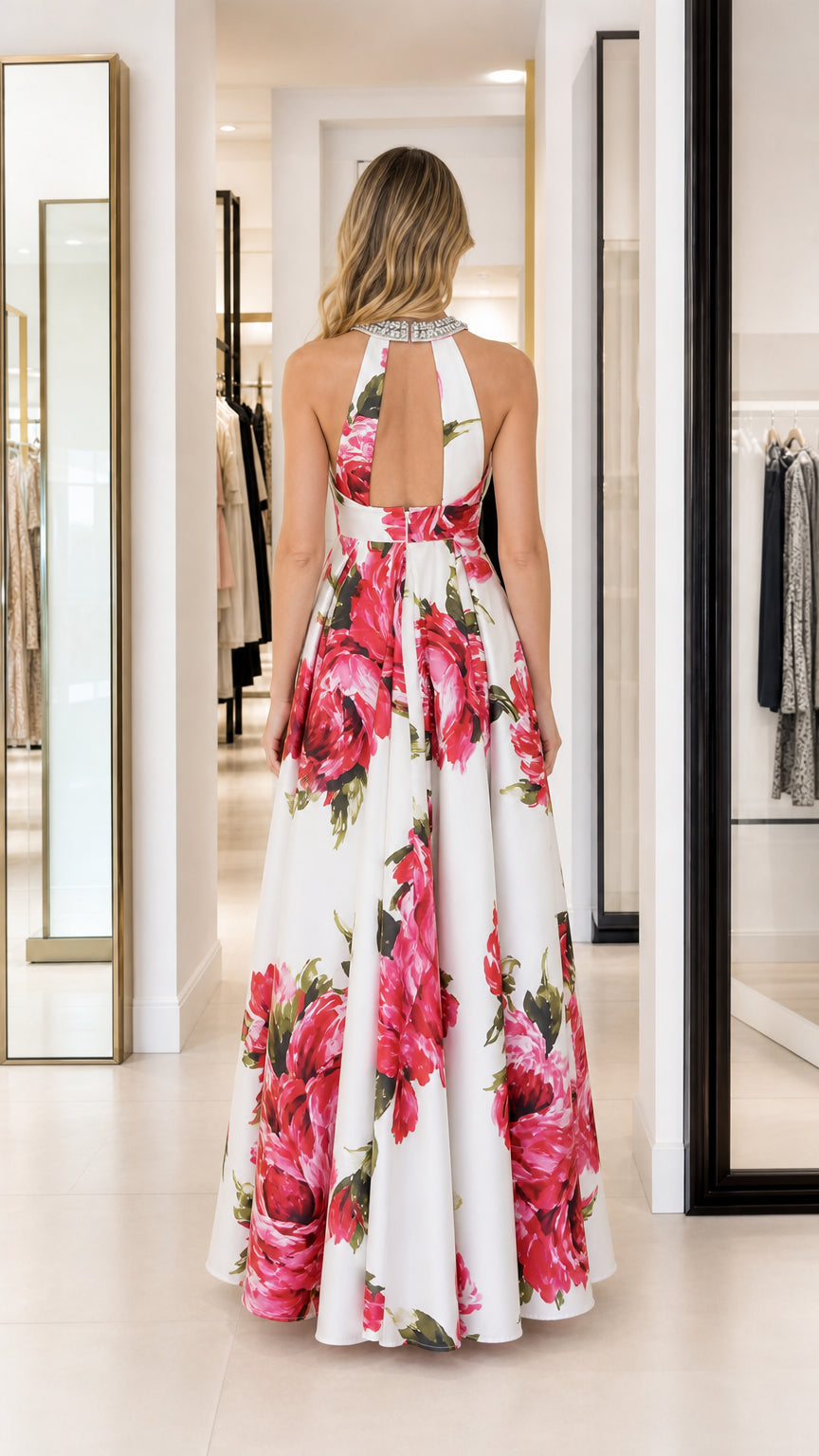 Back view showing open keyhole back of white floral maxi dress