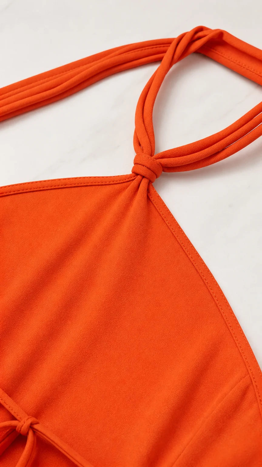 Close-up detail of halter neckline and knot on orange dress