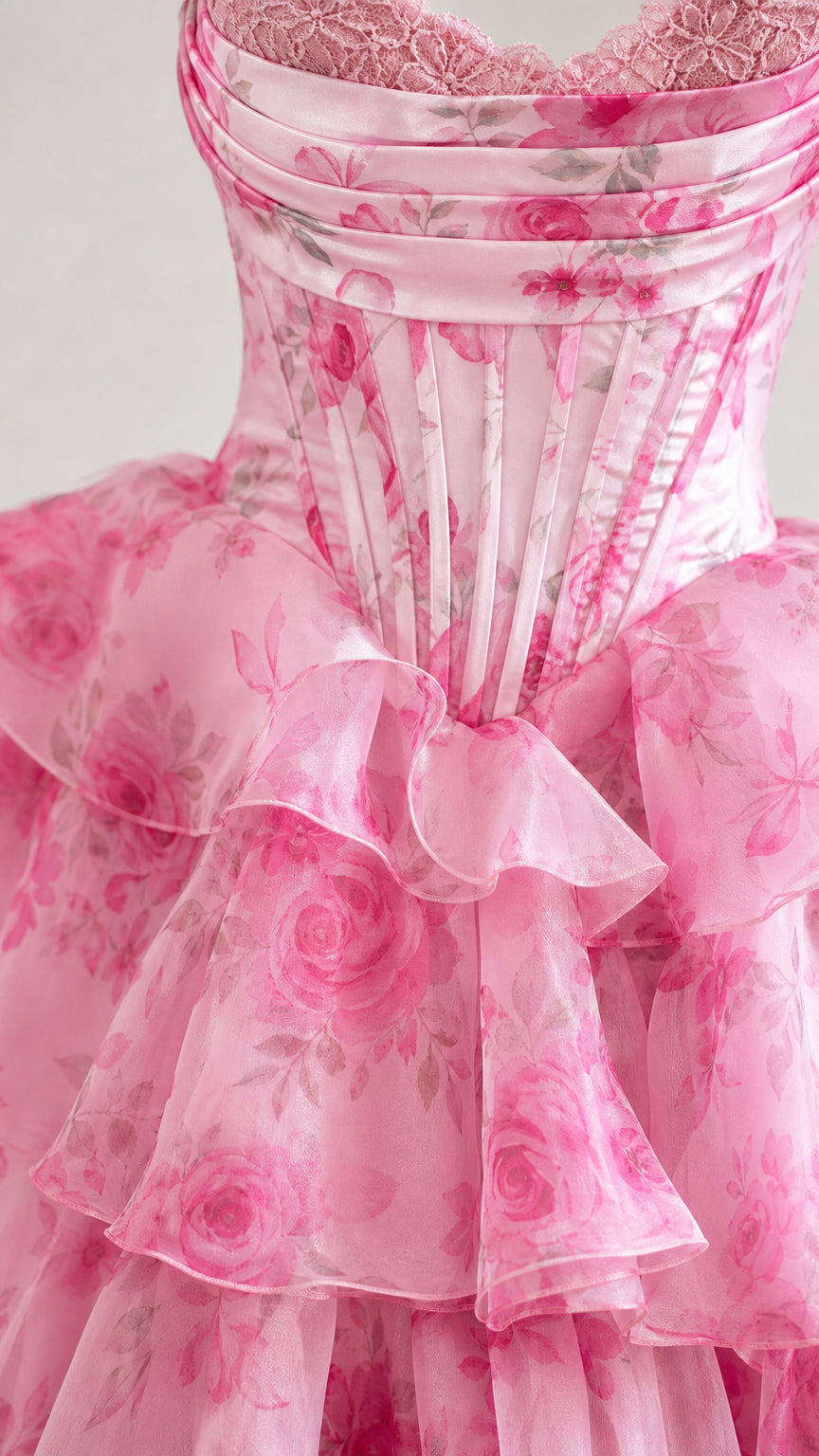 Close up of corset bodice and ruffle details