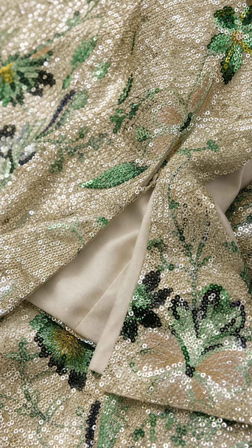 Close-up detail of floral sequin fabric and hemline