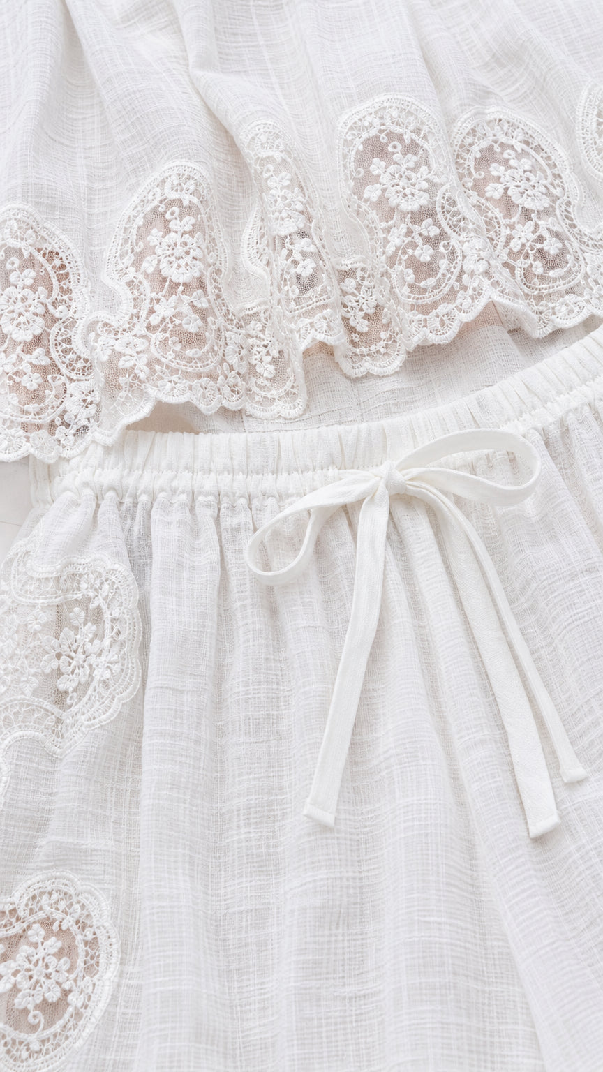 Close-up of white crochet lace trim and drawstring waistband