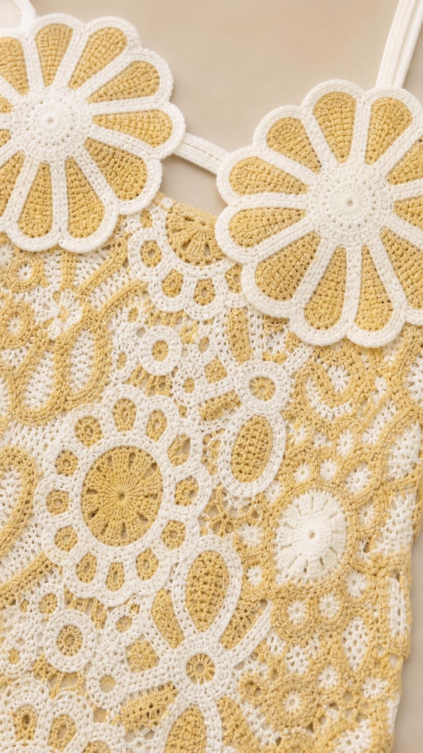 Close-up of floral bust cups and crochet texture