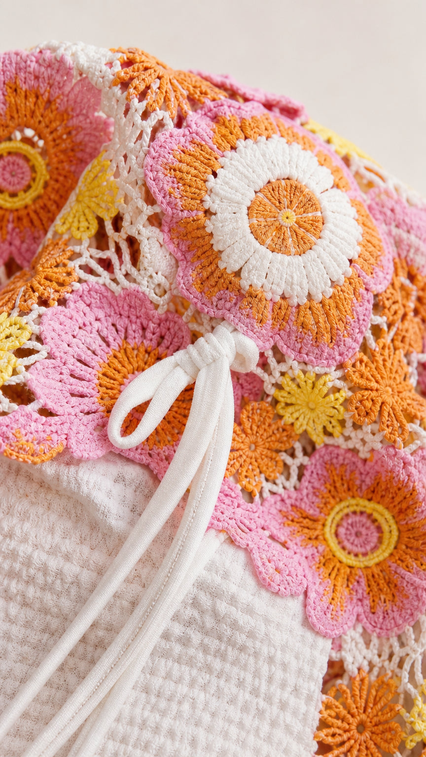 Close-up detail of white adjustable string and pink floral crochet texture