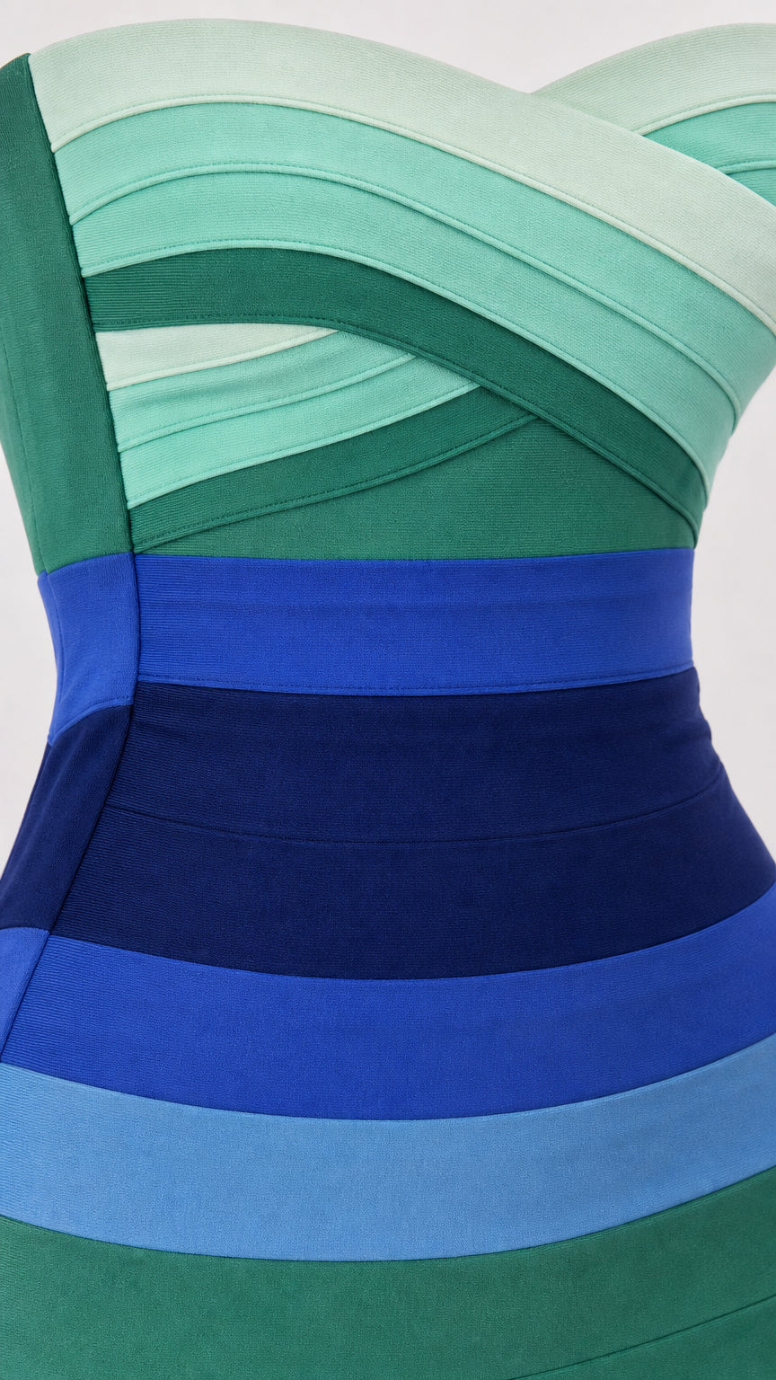 Close-up detail of sweetheart neckline and blue and green horizontal bands