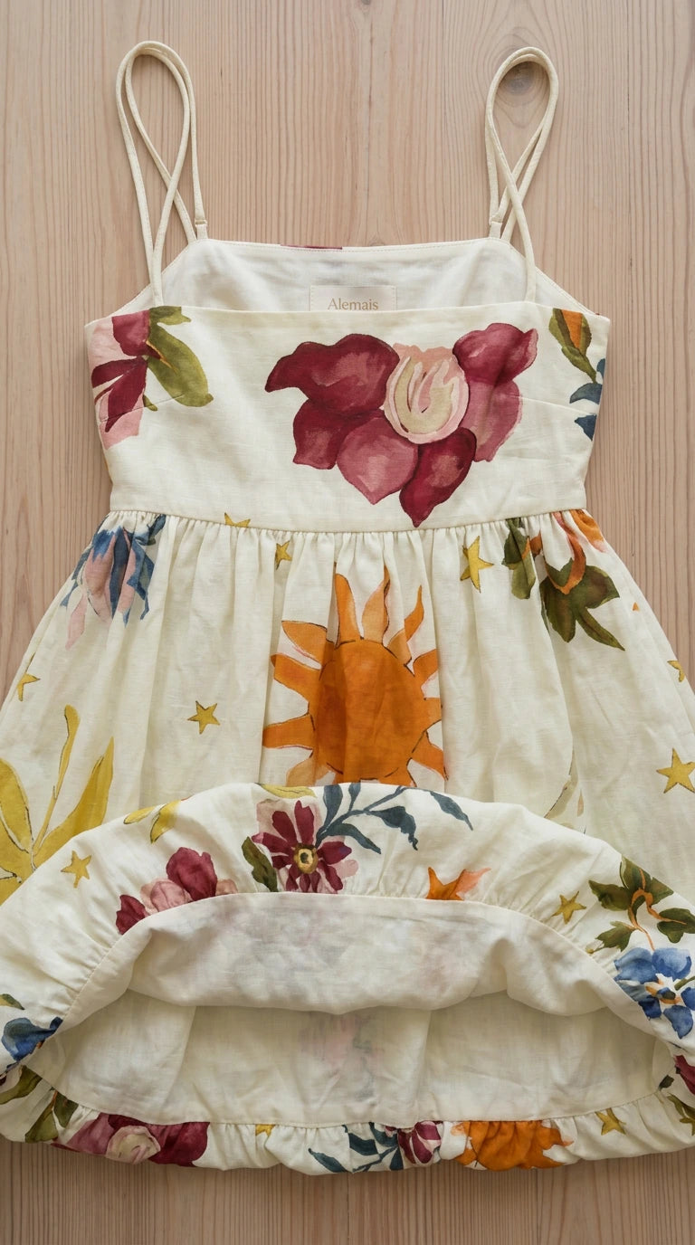 Close-up flat lay of printed fabric texture and hem