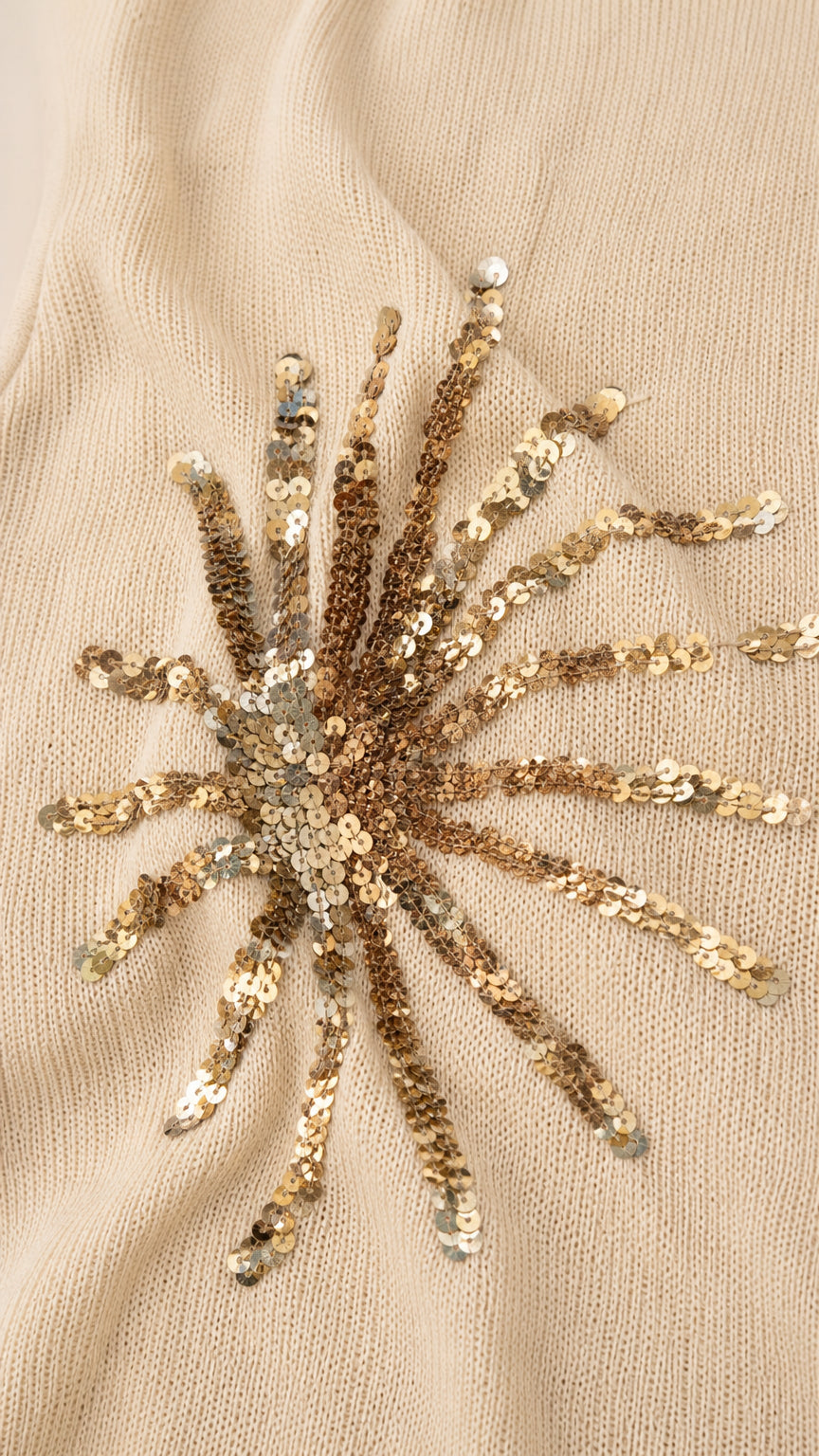Close-up detail of gold sequin sunburst embroidery on fabric