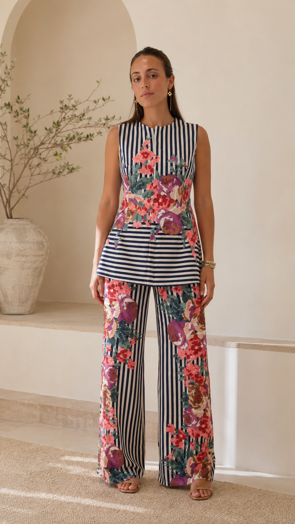 Women's black striped sleeveless floral tunic top with matching wide-leg pants front view