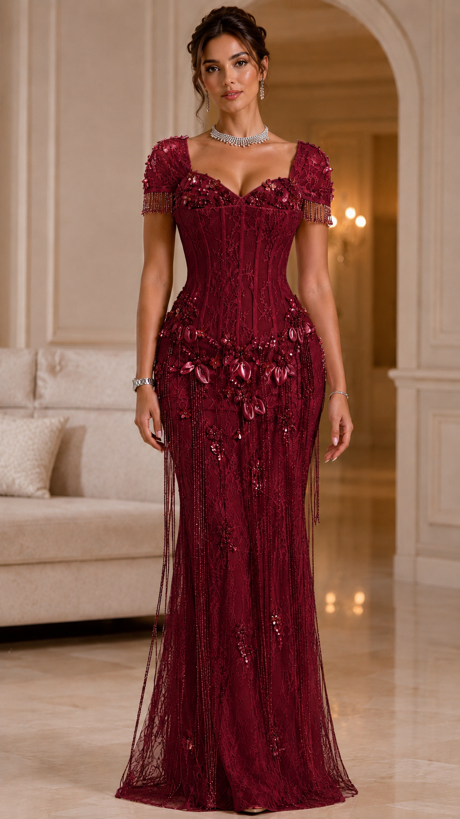 Burgundy embellished mermaid evening gown with fitted bodice front view