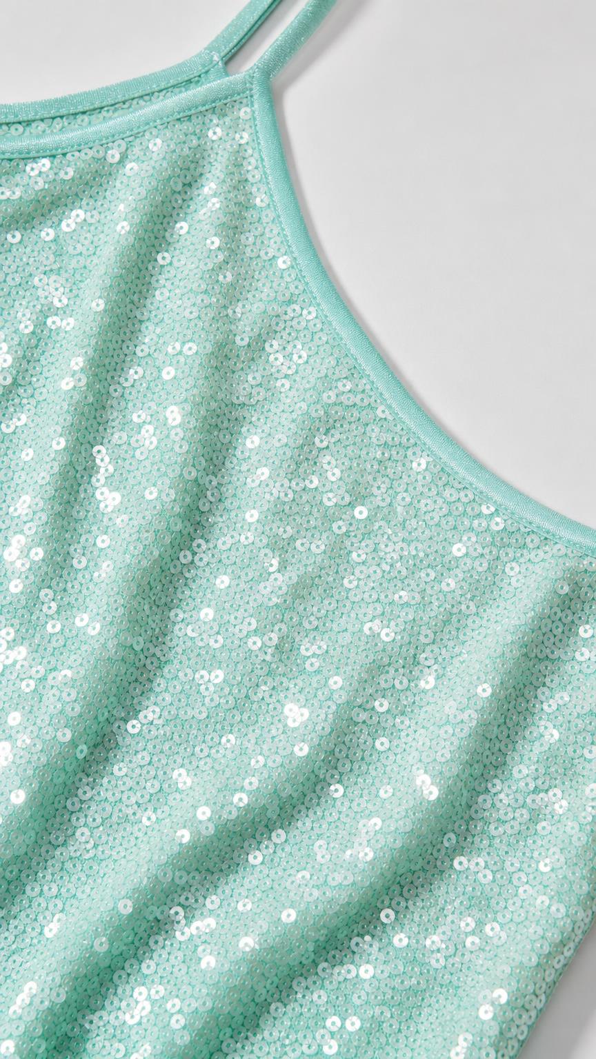 Close up of mint sequin fabric and straps