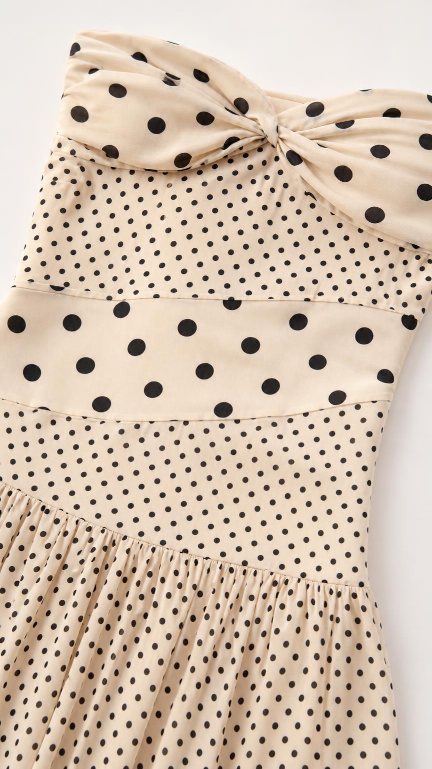 Close-up detail of sweetheart neckline and bow on polka dot dress
