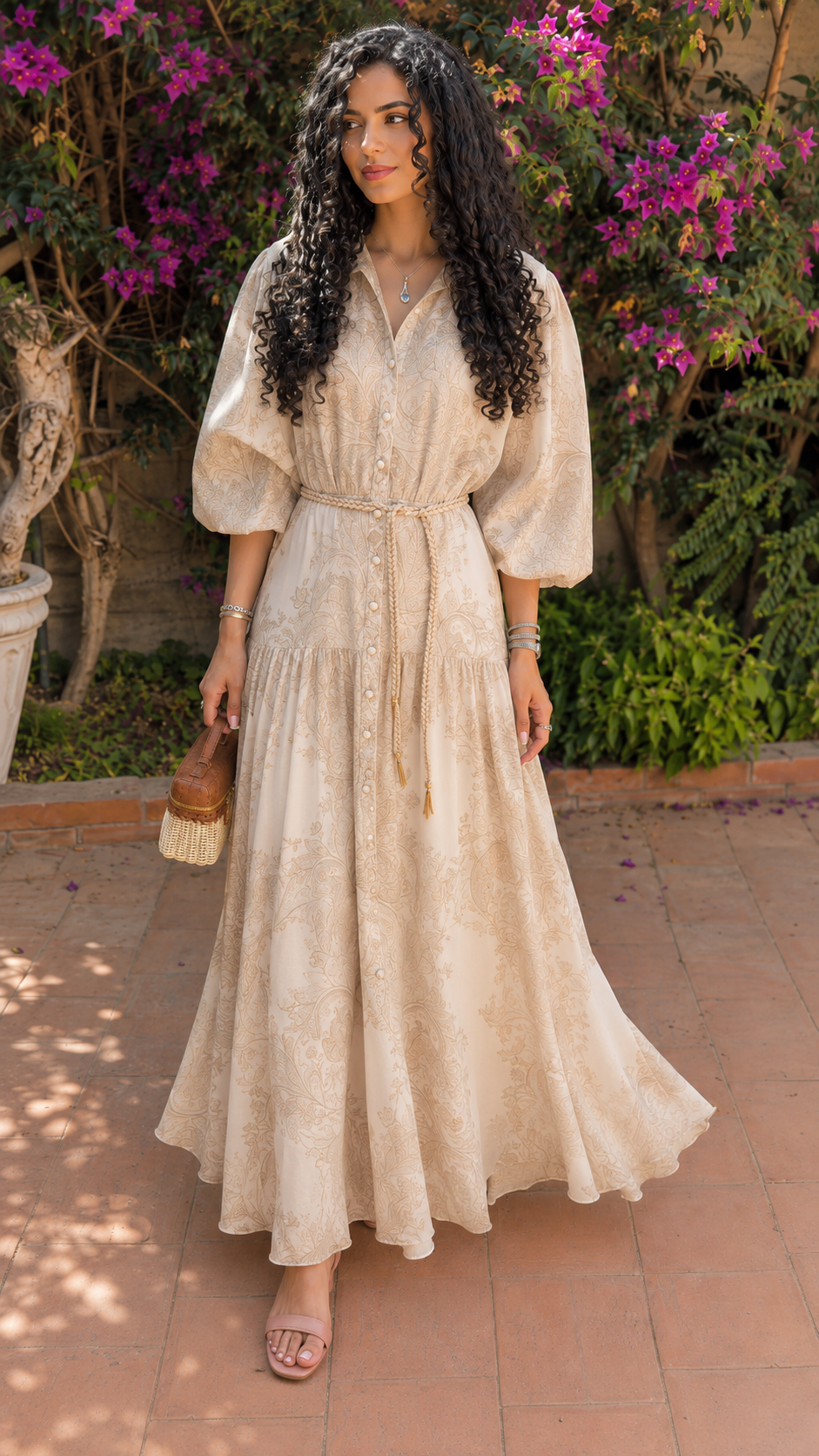 Front view of champagne floral maxi shirt dress with collared neckline and puff sleeves