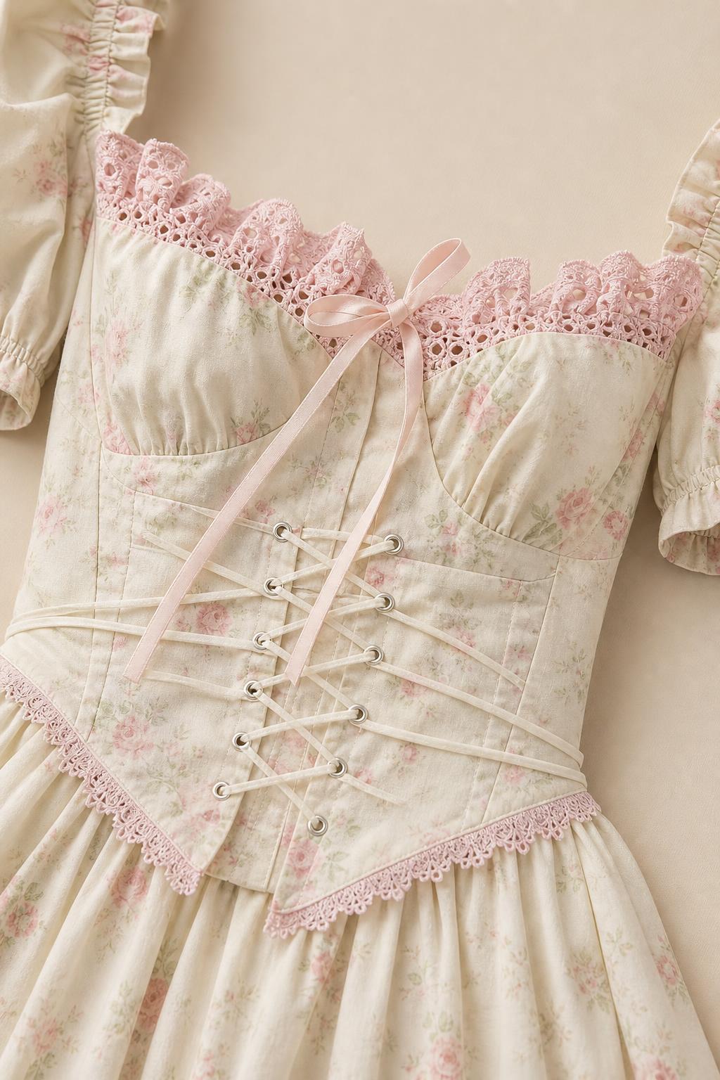 Close-up detail of sweetheart neckline, lace trim, and front corset lacing