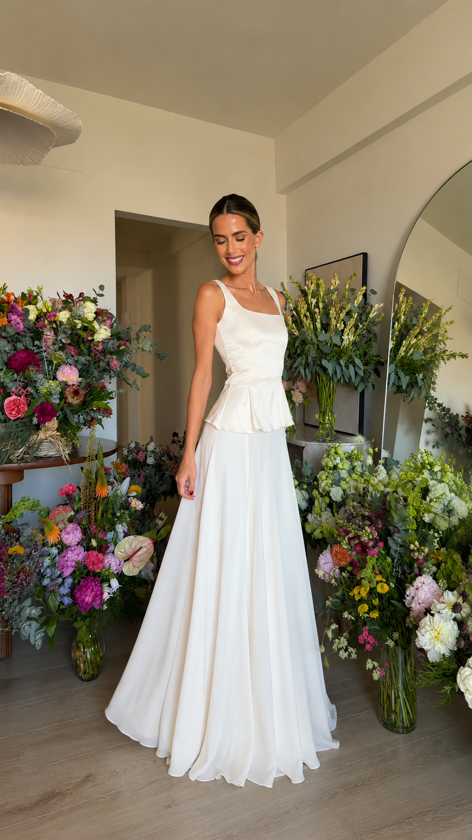 Ivory square neck sleeveless peplum formal maxi dress