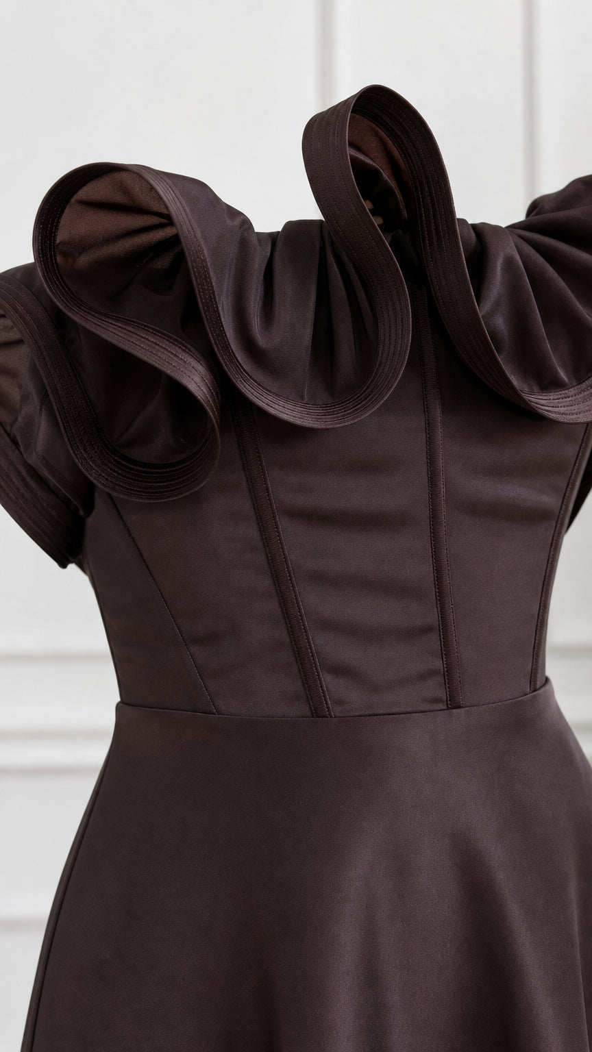 Close-up detail of structured bodice and sculptural ruffle neckline