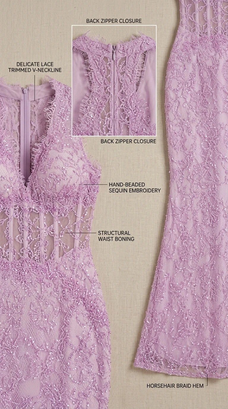 Close-up details of neckline, boning, back zipper, and hem