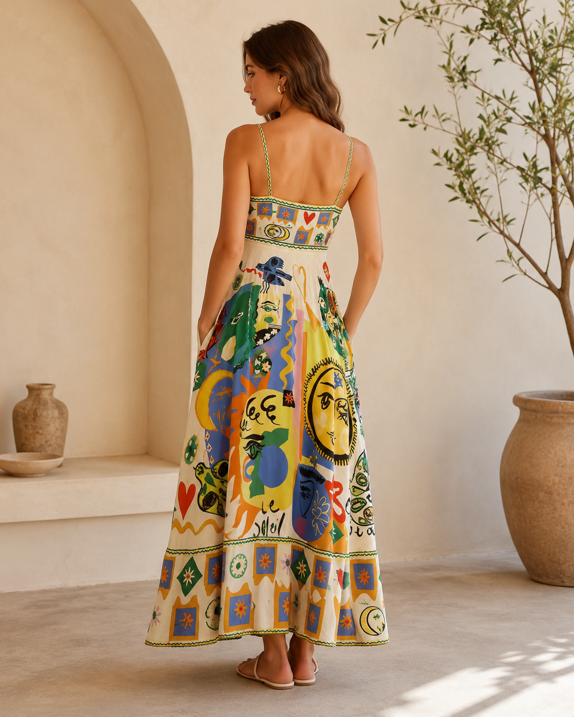Back view of multicolor printed strappy maxi dress with slim shoulder straps