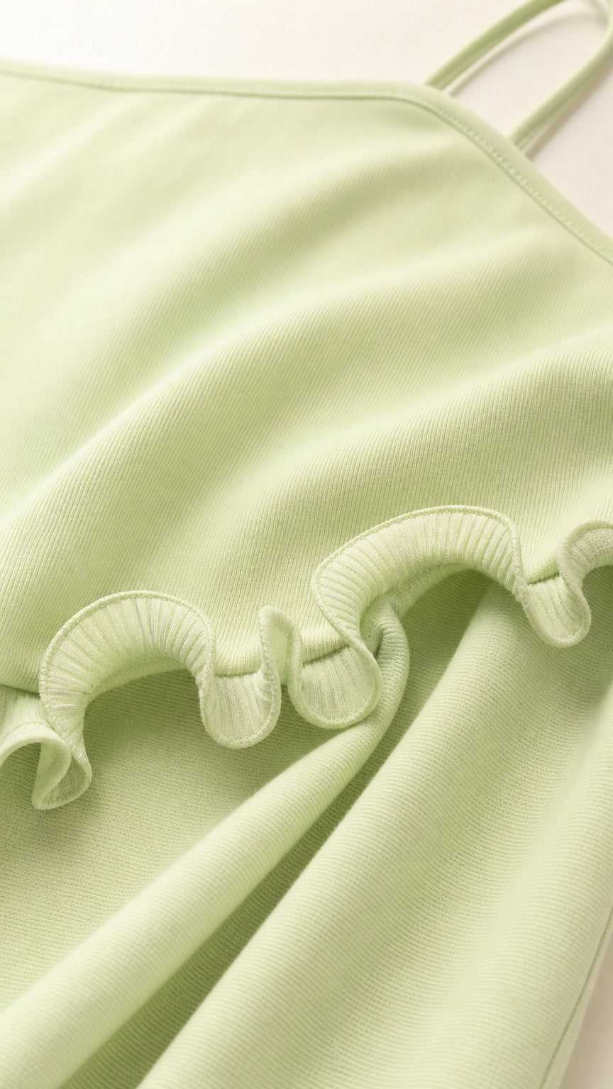 Close-up detail of fabric, spaghetti straps, and ruffle trim