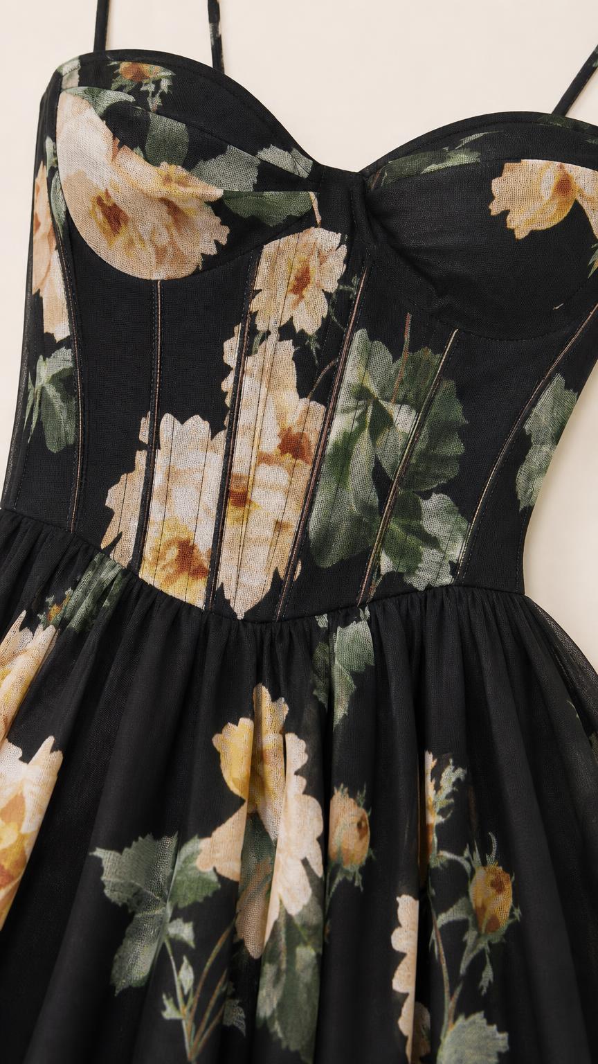 Close-up of sweetheart neckline and bodice boning details