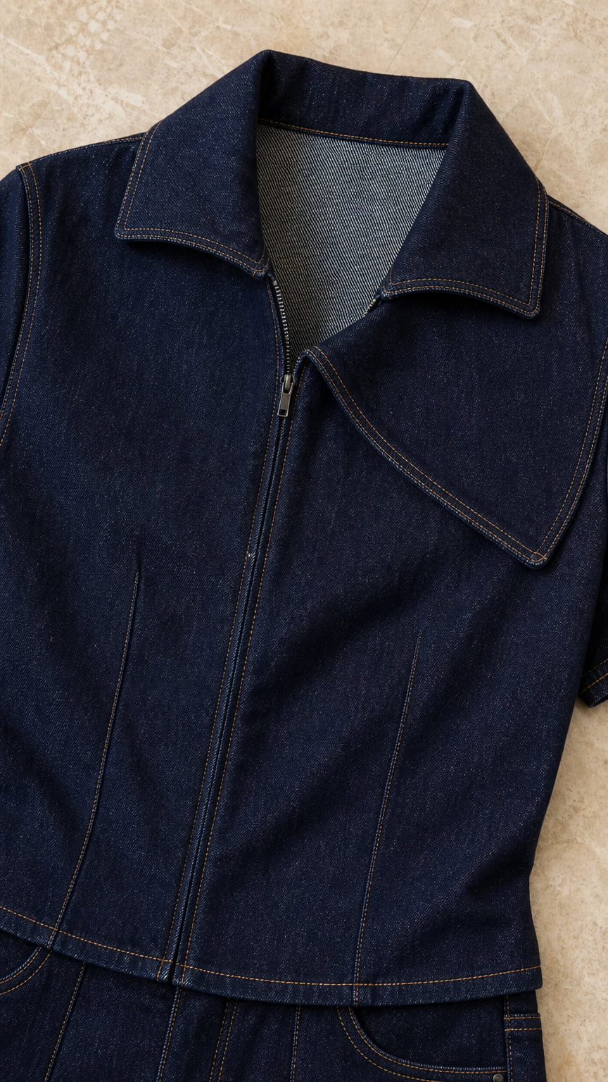 Close-up of the navy blue zip-up top collar and stitching details