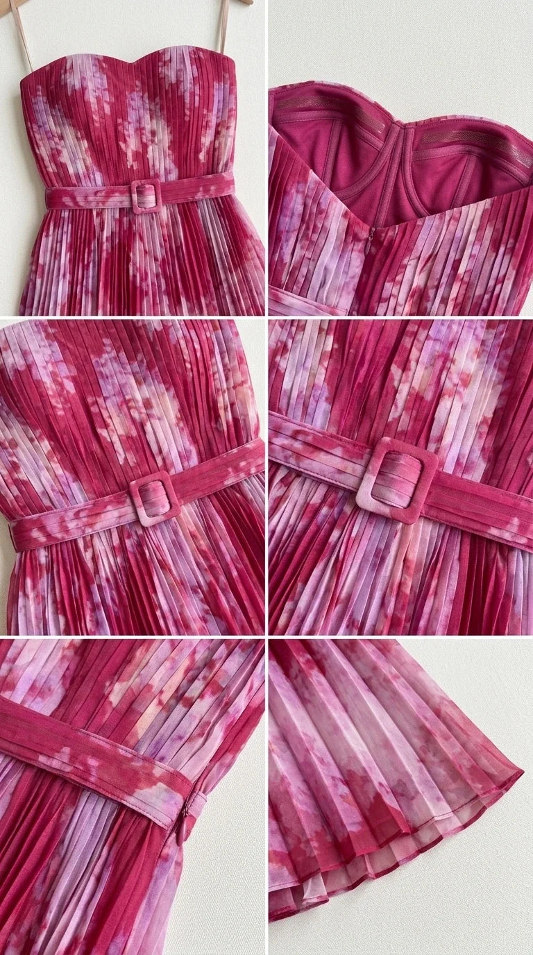 Close-up details of fuchsia dress bodice, belt, and pleats