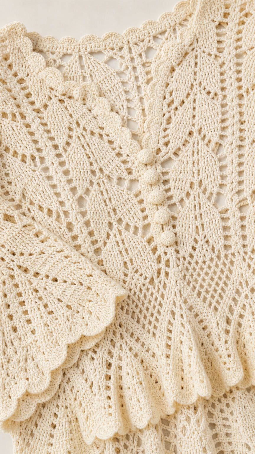 Close-up detail of Ivory crochet pattern and buttons
