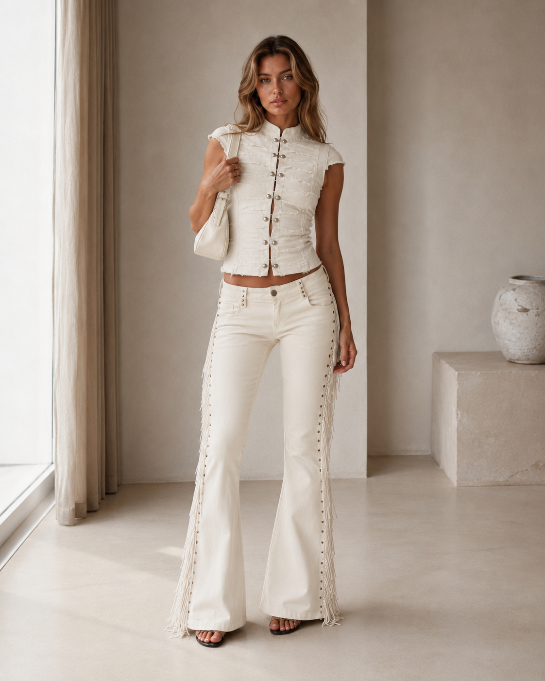 Model wearing an ivory cap-sleeve crop top and matching fringe flare pants front view