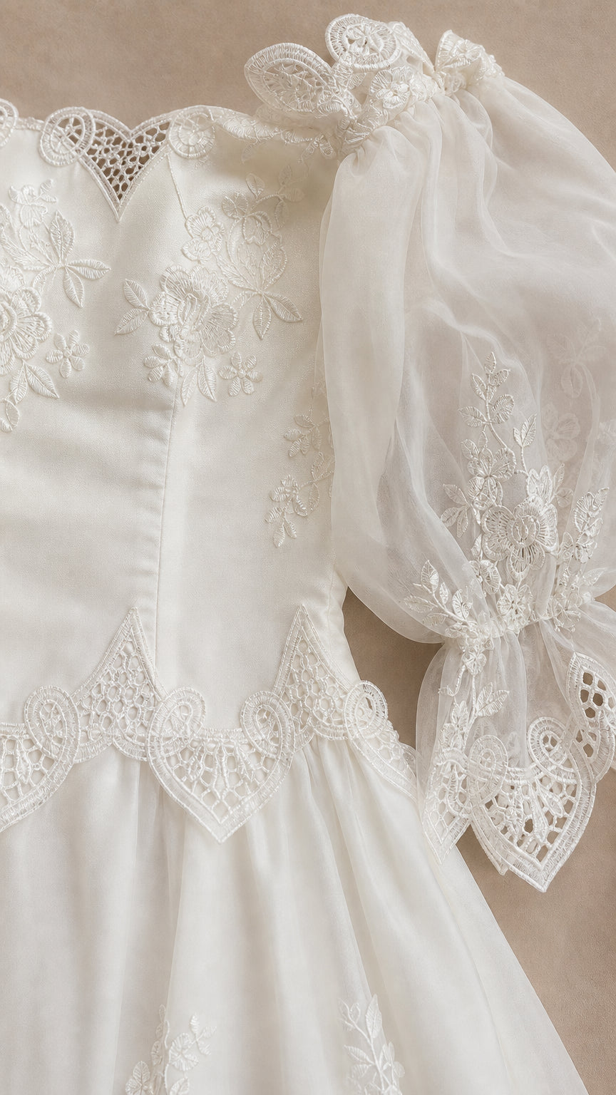 Close-up detail of bodice and puff sleeves on white dress