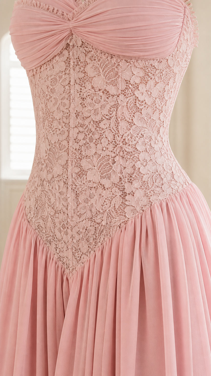 Close-up detail of lace bodice and ruched bust on pink evening gown