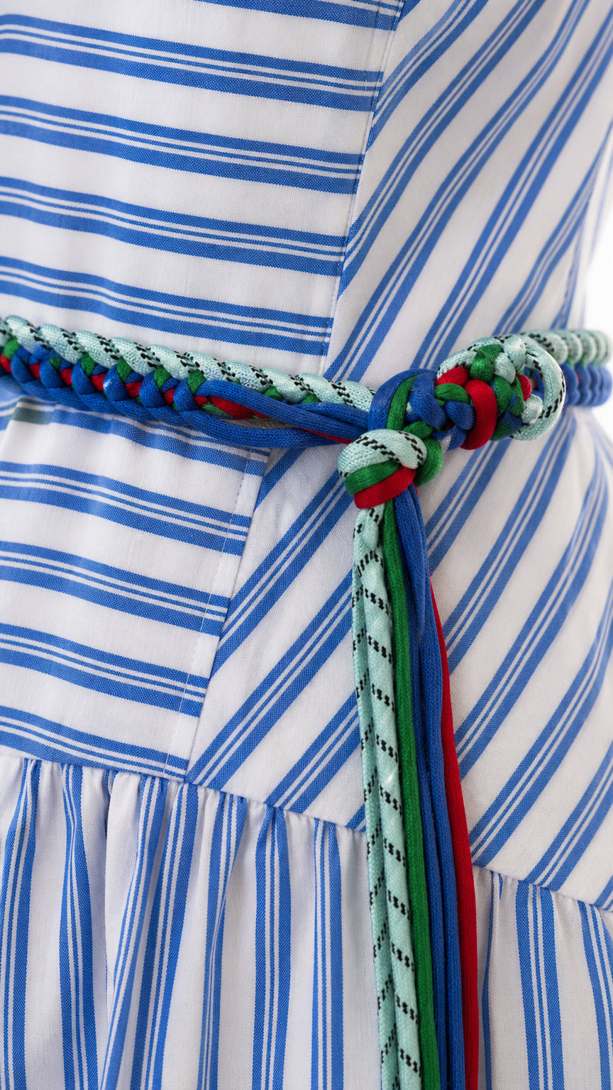 Close-up detail of fabric stripes and braided rope belt