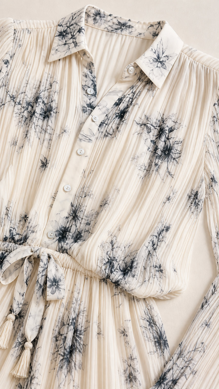 Close-up detail of collar, buttons, and pleated texture on ivory dress