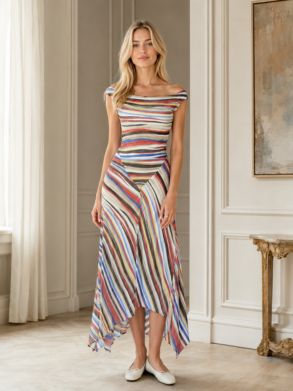 Front view of multicolor striped off-shoulder flowing dress