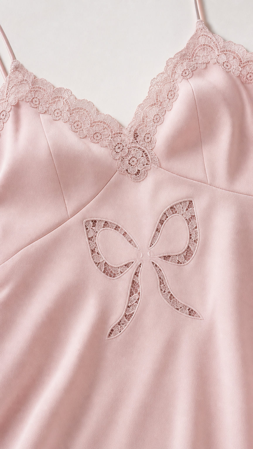Close-up of lace V-neckline and bow detail on pink satin dress