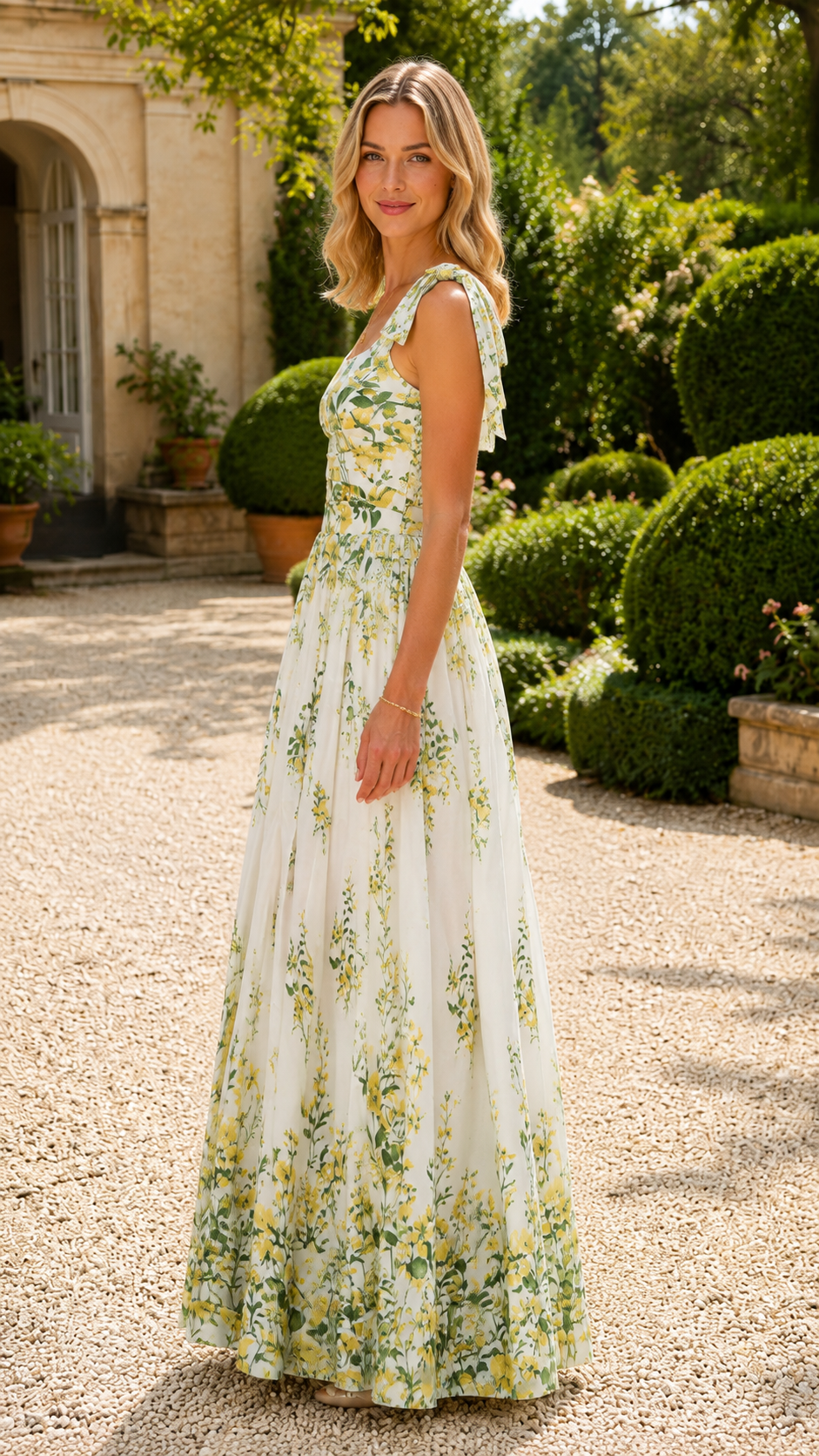 Side view of an ivory floral flowing maxi dress with tie shoulders