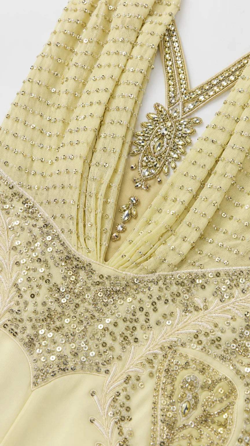 Close-up detail of sequin and bead embroidery on bodice