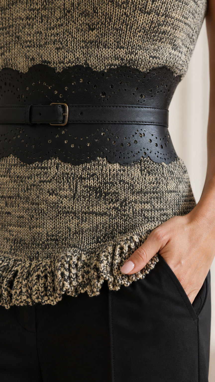 Close-up detail of the wide decorative belt and textured hem with pocket