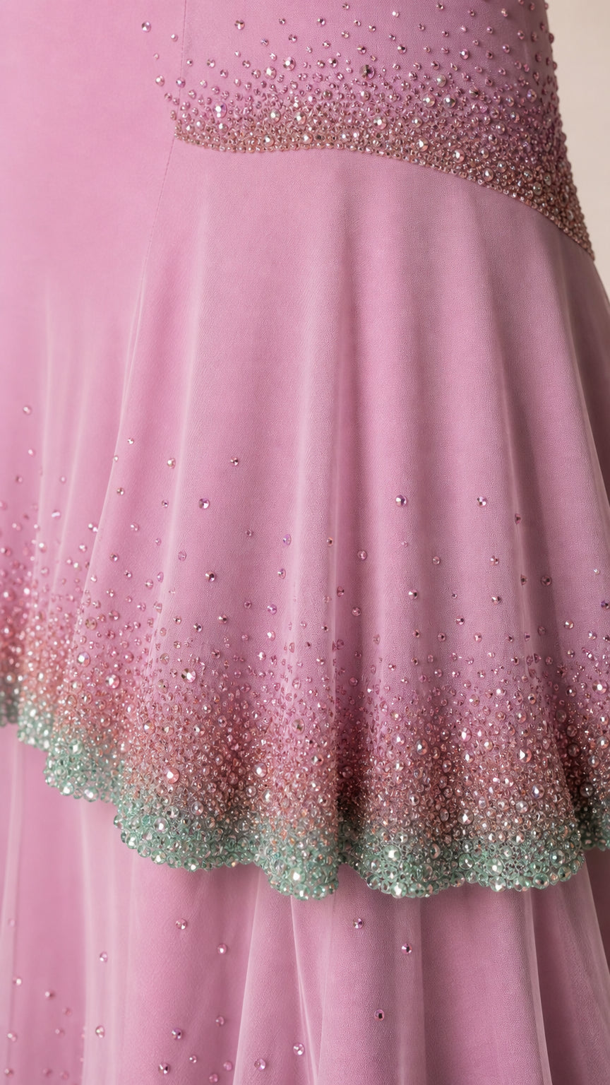 Close-up detail of gradient sequin and bead embellishments on dress tier