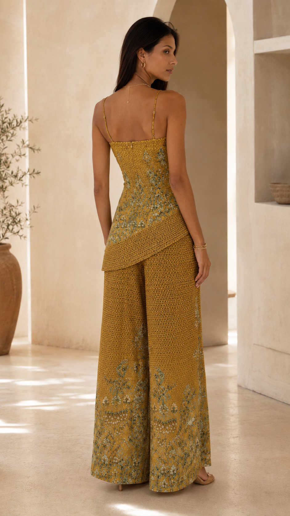 Back view of mustard embroidered two piece wide leg pants set